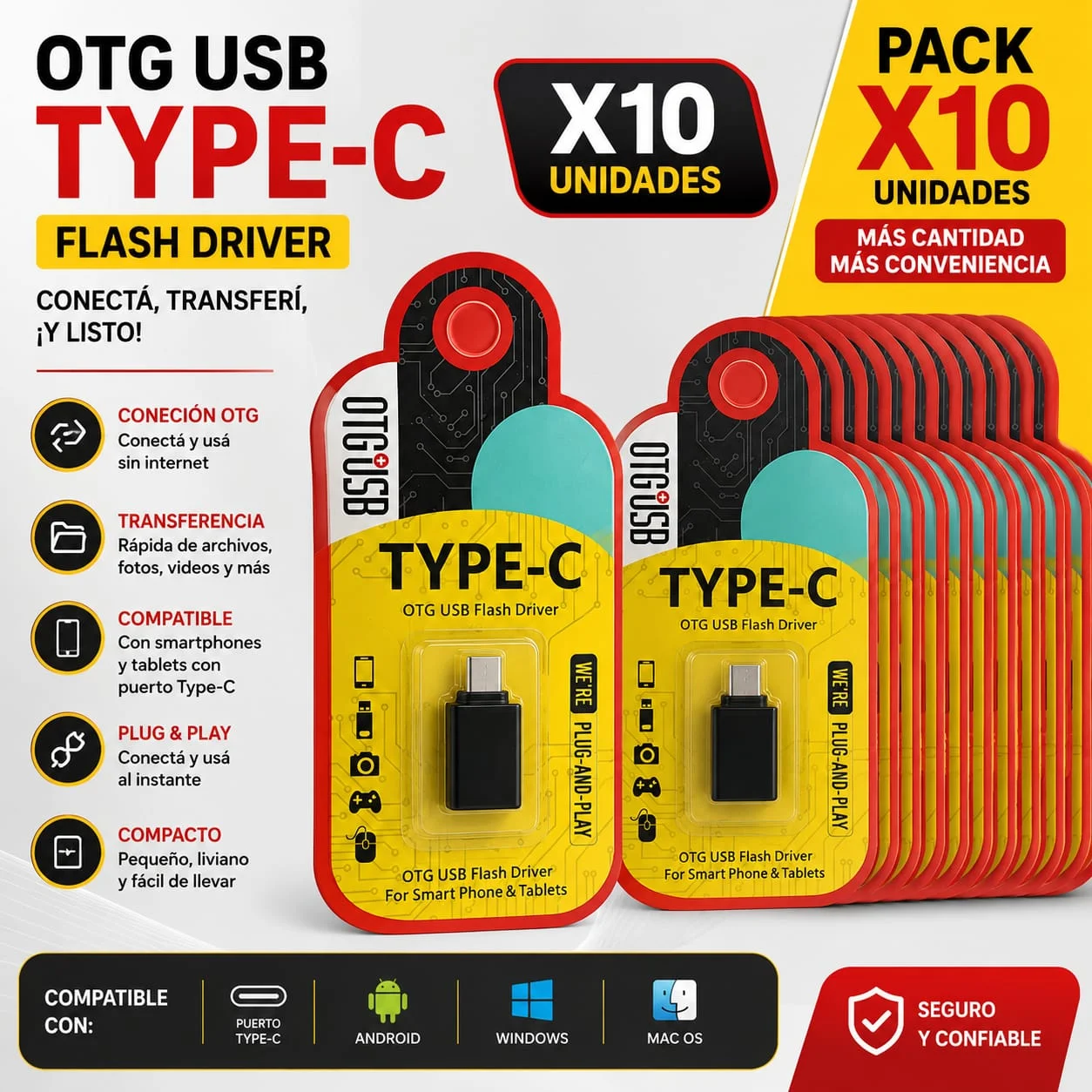 OTG TIPO C SUELTO X 10 UNIDADES BLANCO Y NEGRO