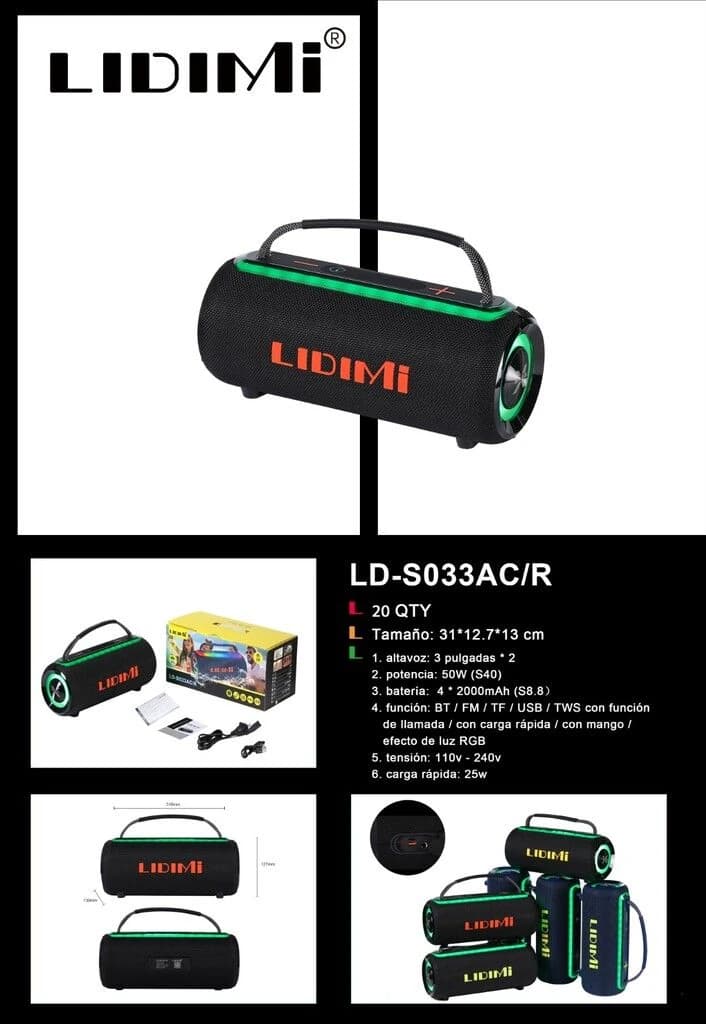 PARLANTE POTENCIADO LIDIMI LD-S033AC/R 60W DE POTENCIA bt/usb/fm/bt/aux/light/karaoke