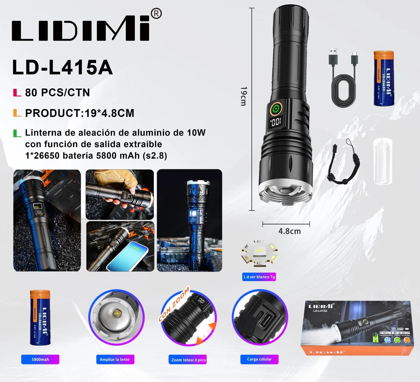 LINTERNA LIDIMI LD-L415A 10w BATERIA 32850 5800MAH ALUMINIO