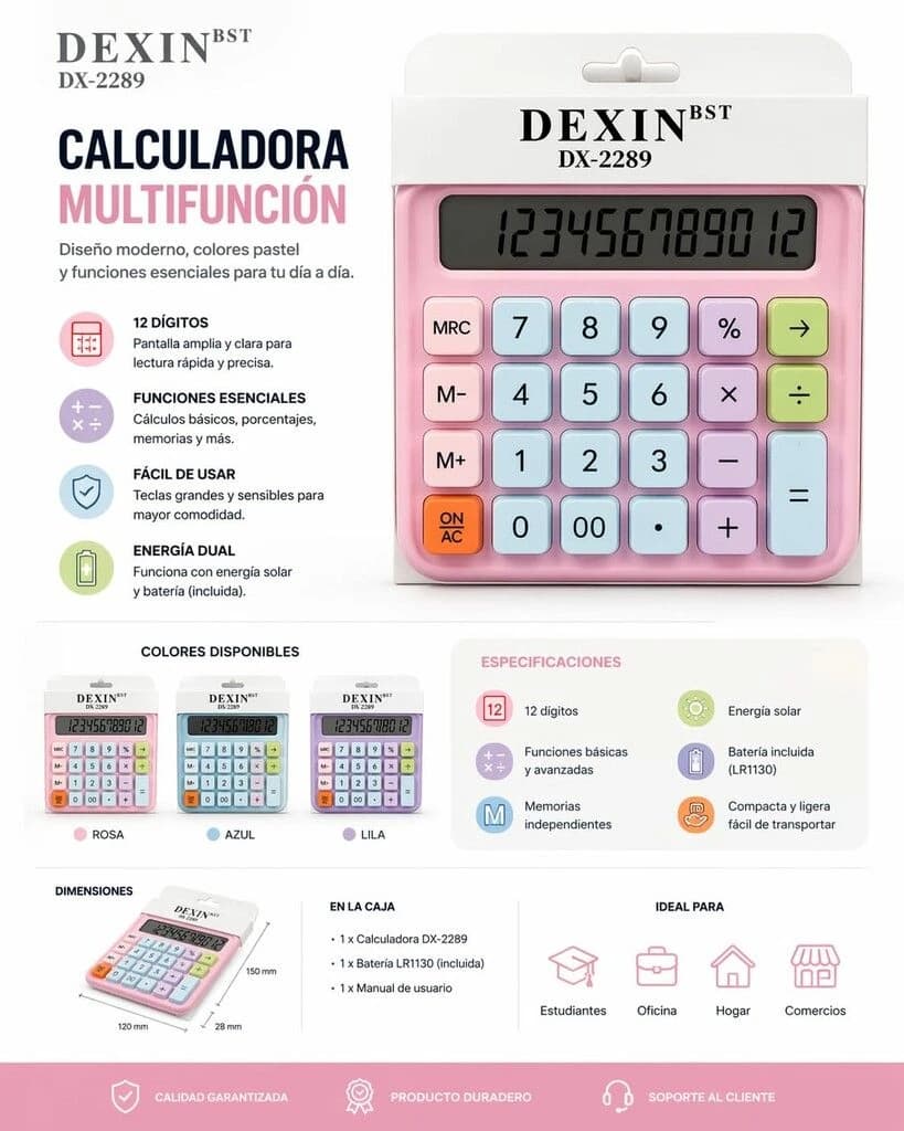 CALCULADORA 12 DIGITOS COLOR SOLAR DX-2289