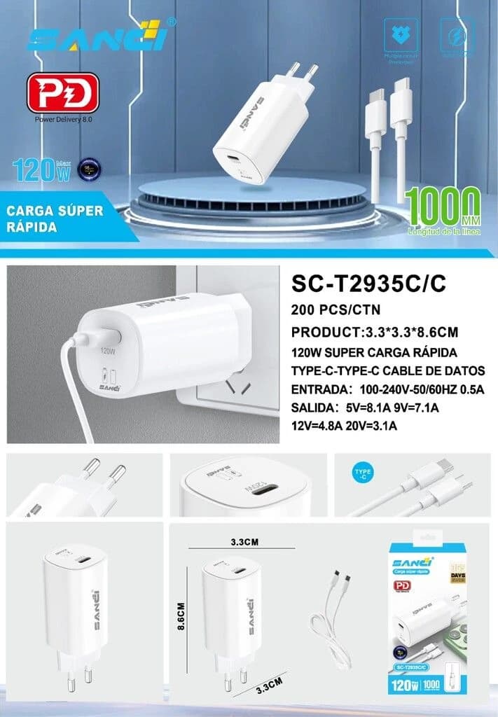 CARGADOR SANCI CARGA INTELIGENTE /CARGA RAPIDA 120W 5V/9V/12V/20V SC-T2935T/C