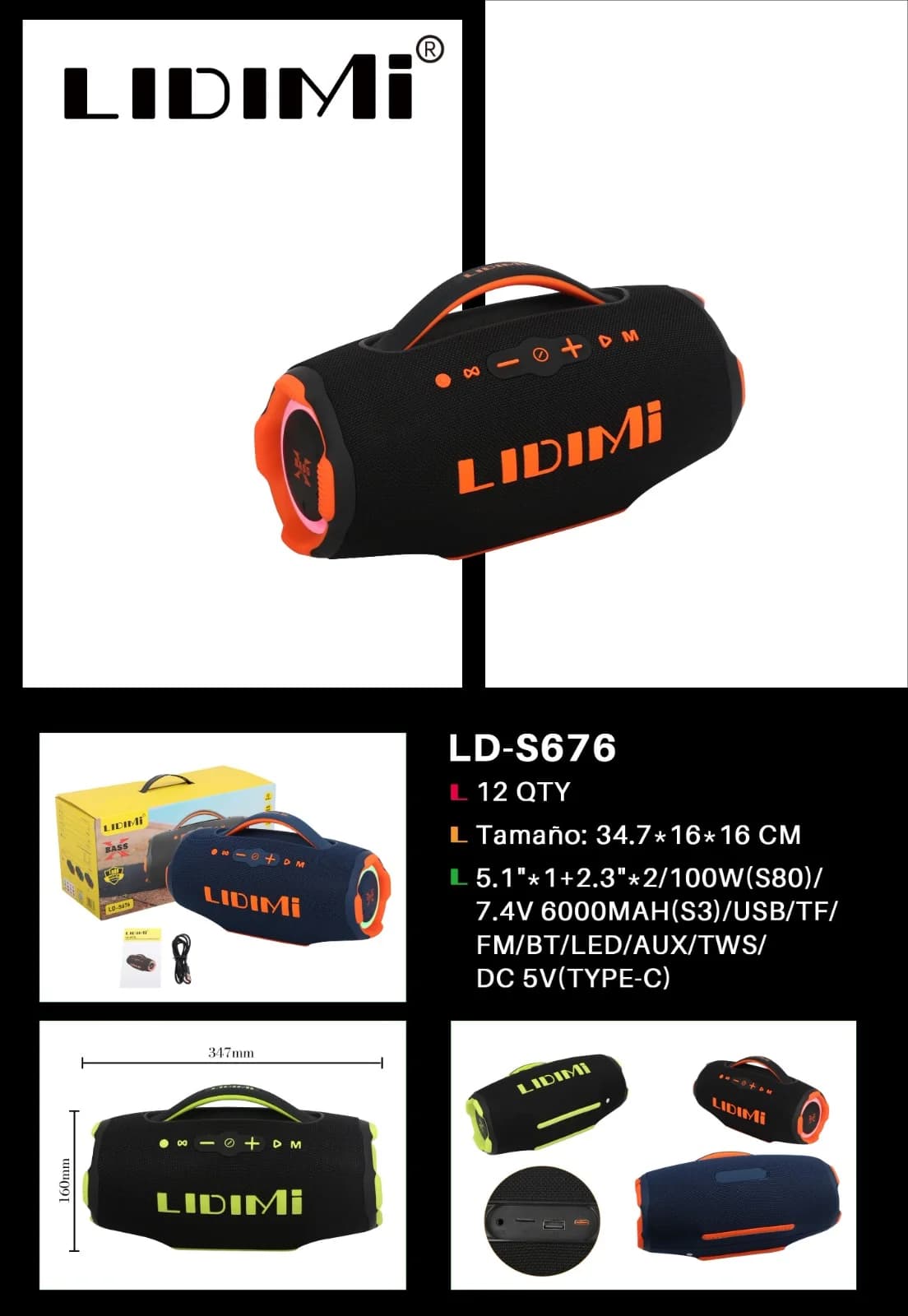 PARLANTE POTENCIADO LIDIMI 100W LD-S676 USB/TF/BT/AUX/TWS//DC