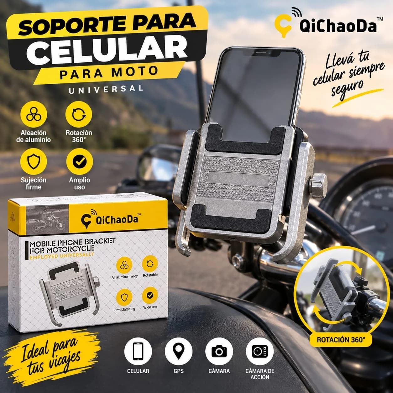SOPORTE ALUMINIO P/CELULAR MANUBRIO MOTO O BICI UB-360 2025