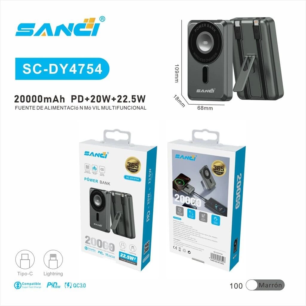 CARGADOR PORTATIL DE 20000 PD+20W PD+22.5W SC-DY4754 CARGA INALMBRICA