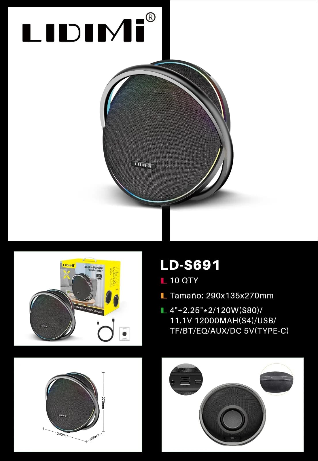 PARLANTE POTENCIADO LIDIMI 120W LD-S691 USB/TF/BT/EQ/DC