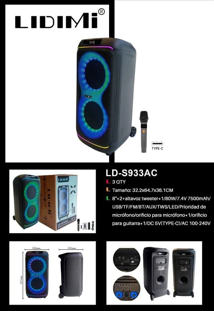PARLANTE MEDIANO LIDIMI LD-S933AC 80W 8¨X2 TWS