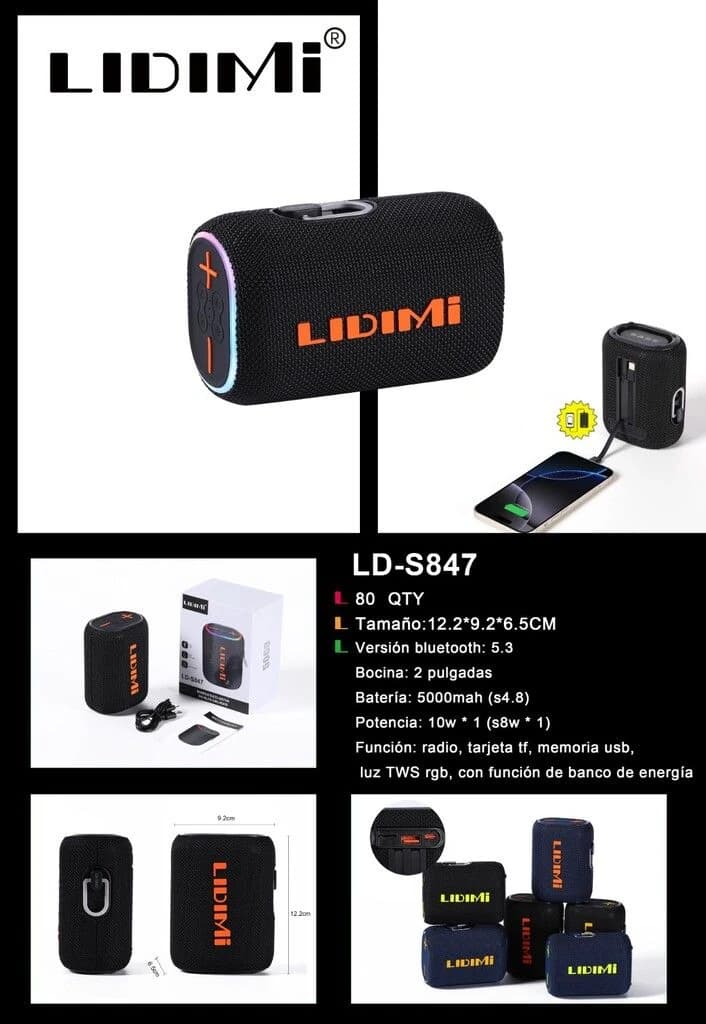 PARLANTE POTENCIADO LD-S847 10w + PORTATIL 5000MhA