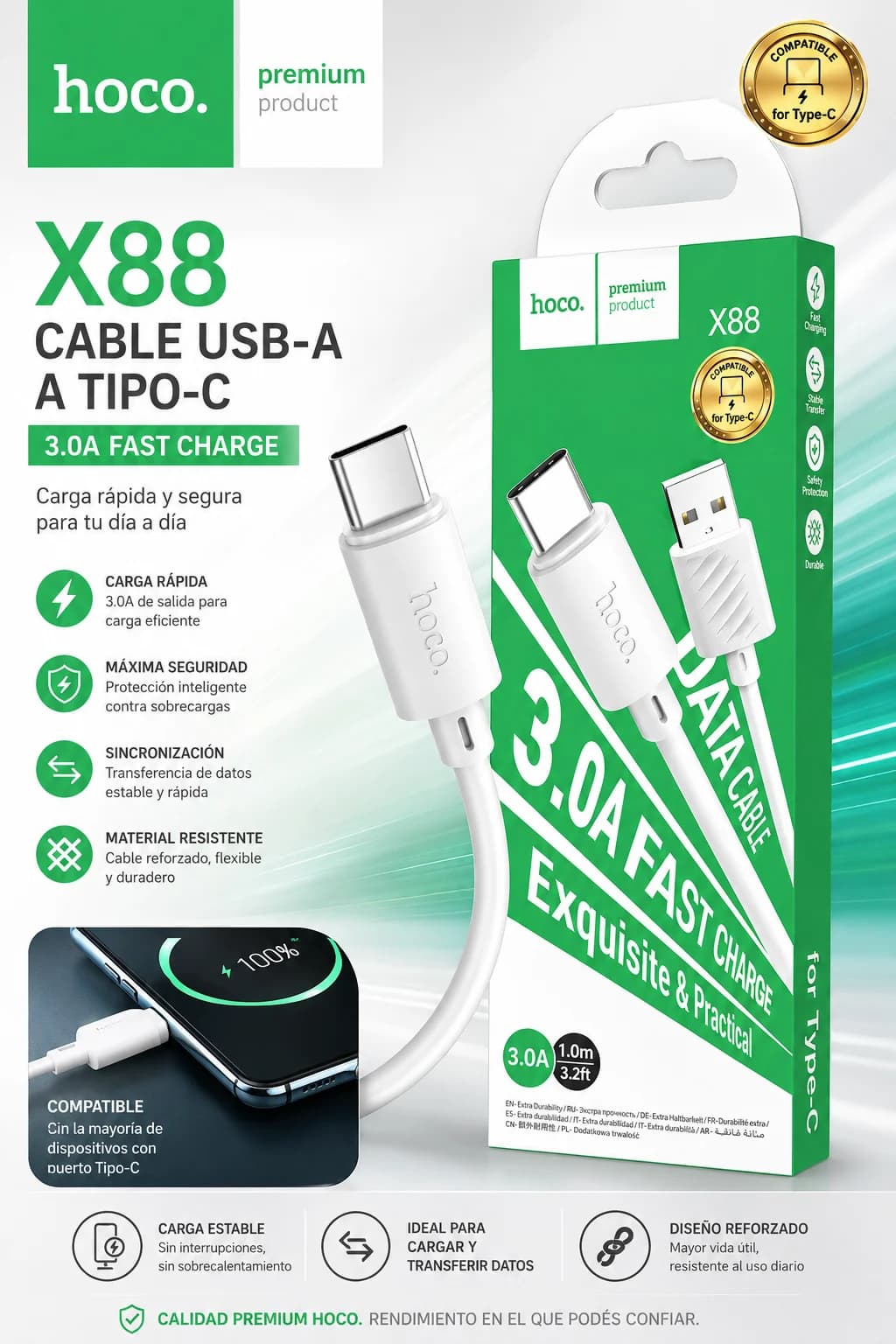 Cable Hoco USB-A a Tipo C - X88 Gratified