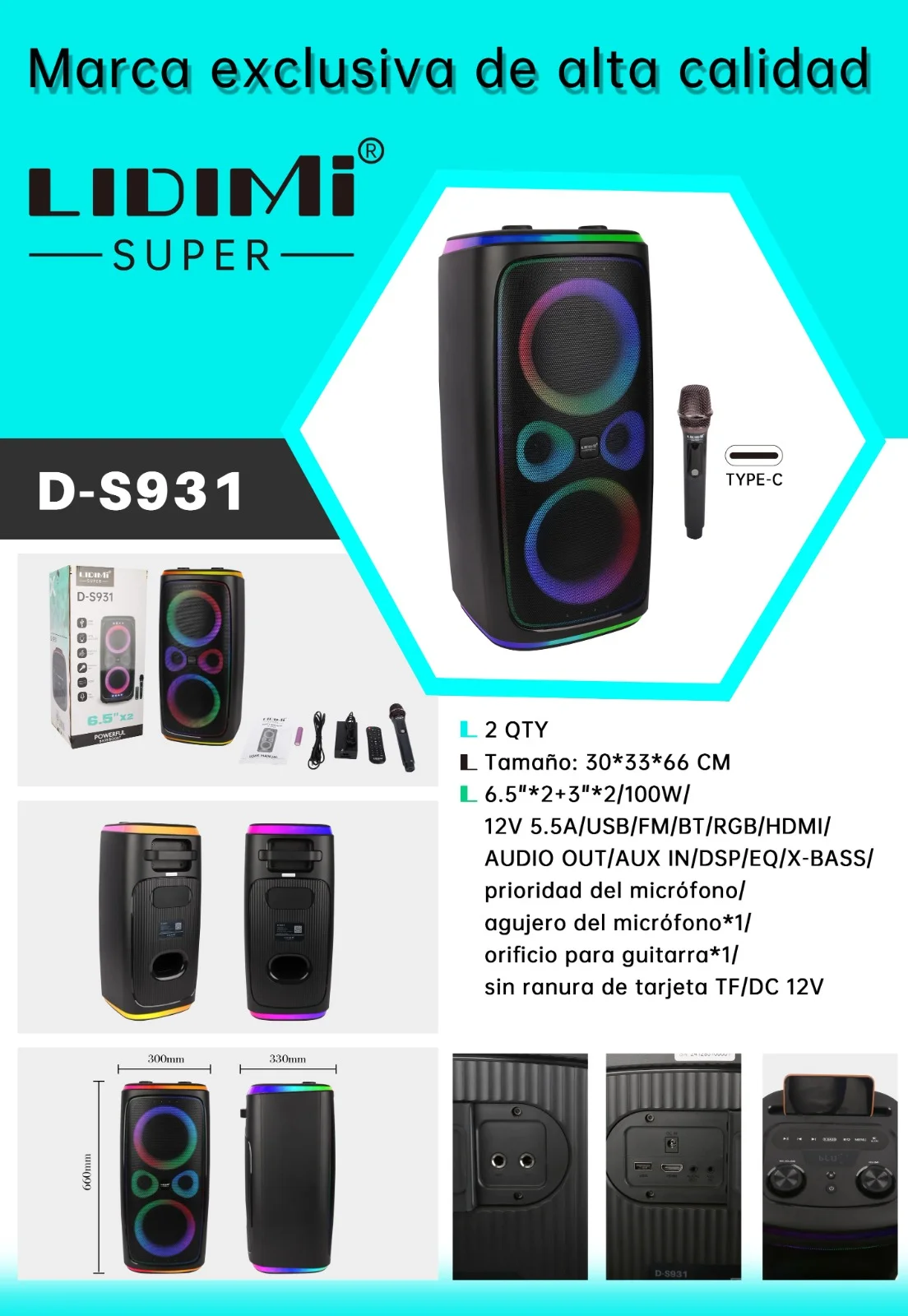 PARLANTE LIDIMI SUPER POTENCIADO D-S931 2*6.5WOOFER+2*3 TWEETER 100W RMS