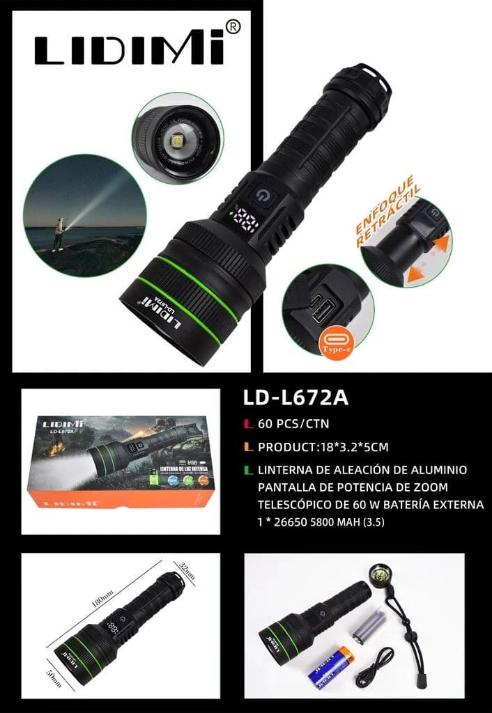 LINTERNA LIDIMI LD-L672a 60w BATERIA DE 26650 5800MAH ALUMINIO A