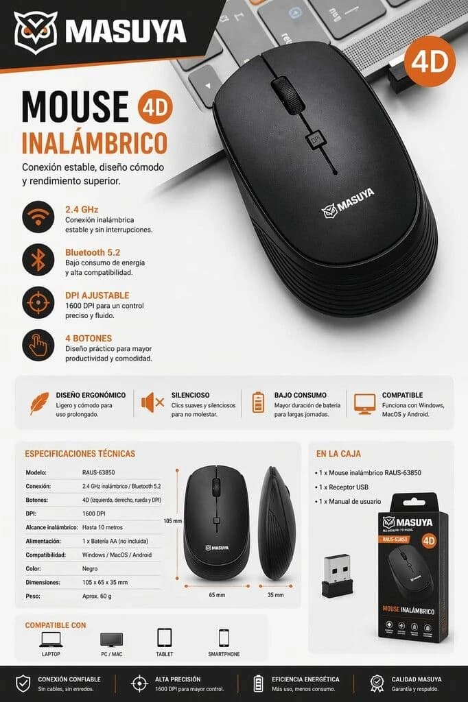 MOUSE INALAMBRICO BT 5.0/2.4GHZ/1600dpi RAUS-63850