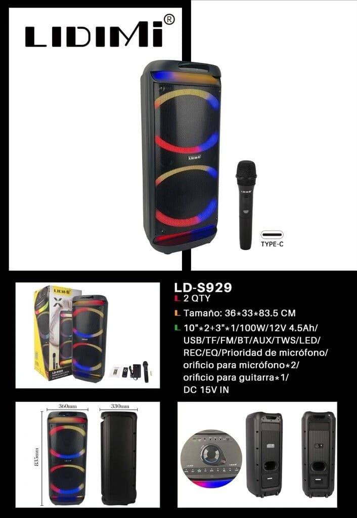 PARLANTE LIDIMI POTENCIADO de 100w c/n. microfono inalambrico LD-S929