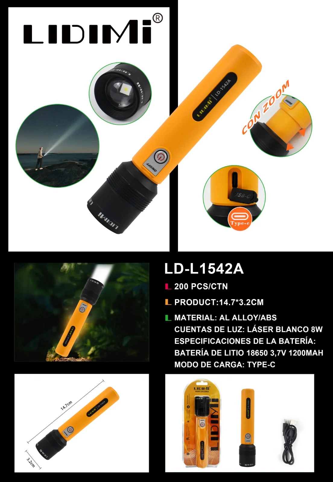LINTERNA LIDIMI 8w BATERIA 18650 1200MAH LD-L1542A