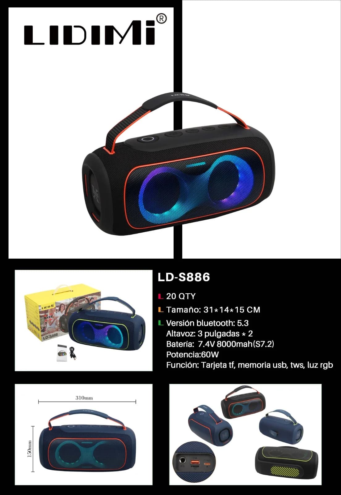 PARLANTE POTENCIADO LIDIMI 60W LD-S886 USB/TF/BT/TWS