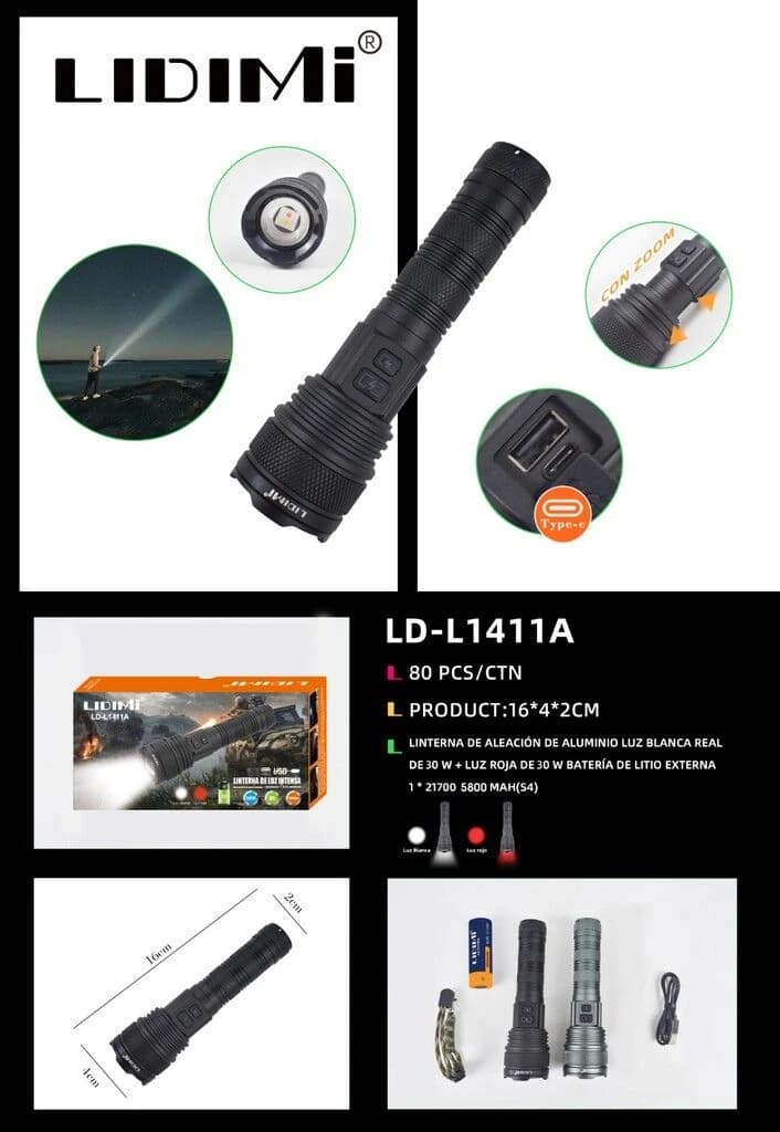 LINTERNA LIDIMI LD-L1411A 30W LUZ BLANCA Y ROJA BATERIA 26650